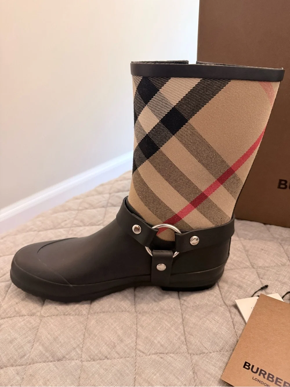 Burberry Women’s Black Rubber Boots with House Check Size 36